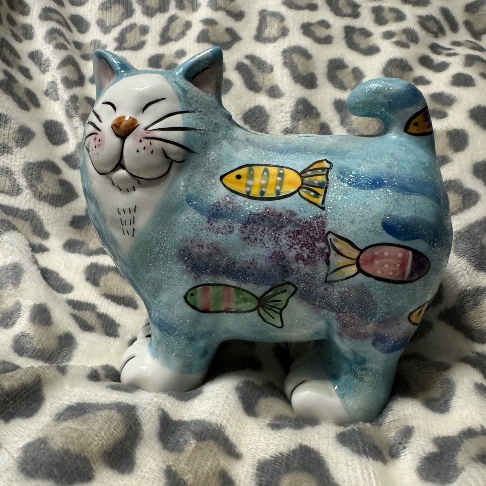 Blue Cat Figurine with Colorful Fish piggy bank missing plug